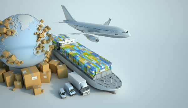 3D  rendering of the Earth surrounded by cardboard boxes, a cargo container ship, a flying plain, a car, a van and a truck