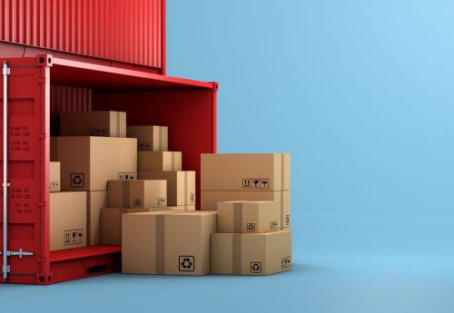 Stack of brown box packaging and container, import export shipping business, 3d rendering